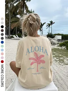 Women's ALOHA Tropical Palm Tree Print Casual Round Neck T-Shirt, Stylish Summer Wear for Daily Vacation, Loose-Fitting Thin Fabric Top