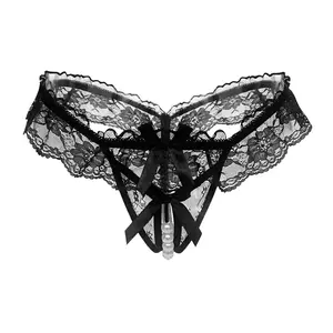Elegant Black Lace Thong with Pearl Tassel - Floral Decorative G-String Panties