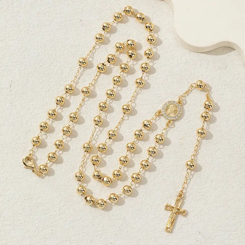 Gold Rosary Necklace for Women - 14k Gold Plated Virgin Mary Necklaces,Non Tarnish Golden Catholic Rosary Beads Cross Y Necklace,Religious Virgen de Guadalupe Gift