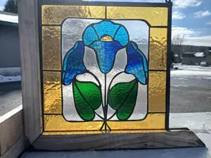 Stained Glass Window Hanging Panel  - Victorian Blue Tulip Flower RB-263