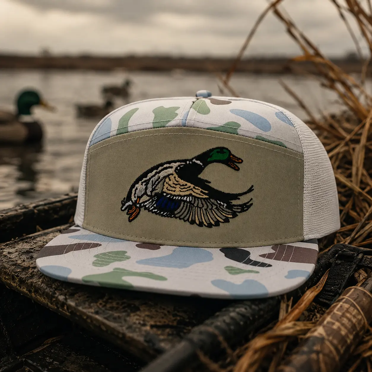 Flying Mallard Embroidered 7 Panel Brackish and White Trucker Hat – White Camo Mesh Snapback Duck Hunting Cap