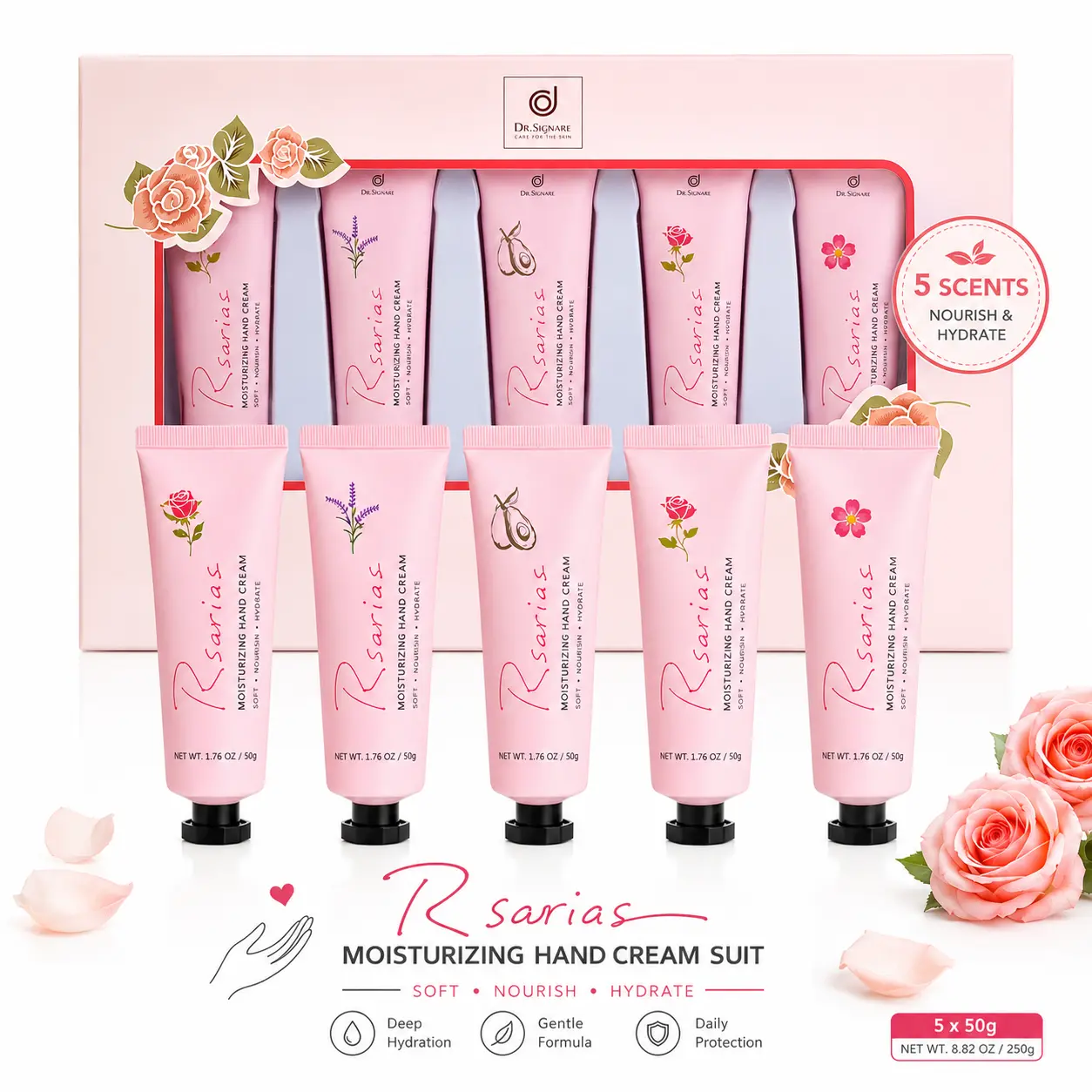 Women's 5-Piece Scented Hand Cream Gift Set - 5 Fragrances, Smooth Cream Texture, Compact Travel-Size Hand Care for Birthdays, Holidays & Everyday Gifting (Cherry, Cherry Blossom)