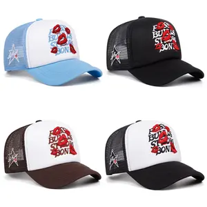 Baseball net hat for men Lipprint pattern embroidery Hip hop fashion Adjustable buckle Trucker hat for women