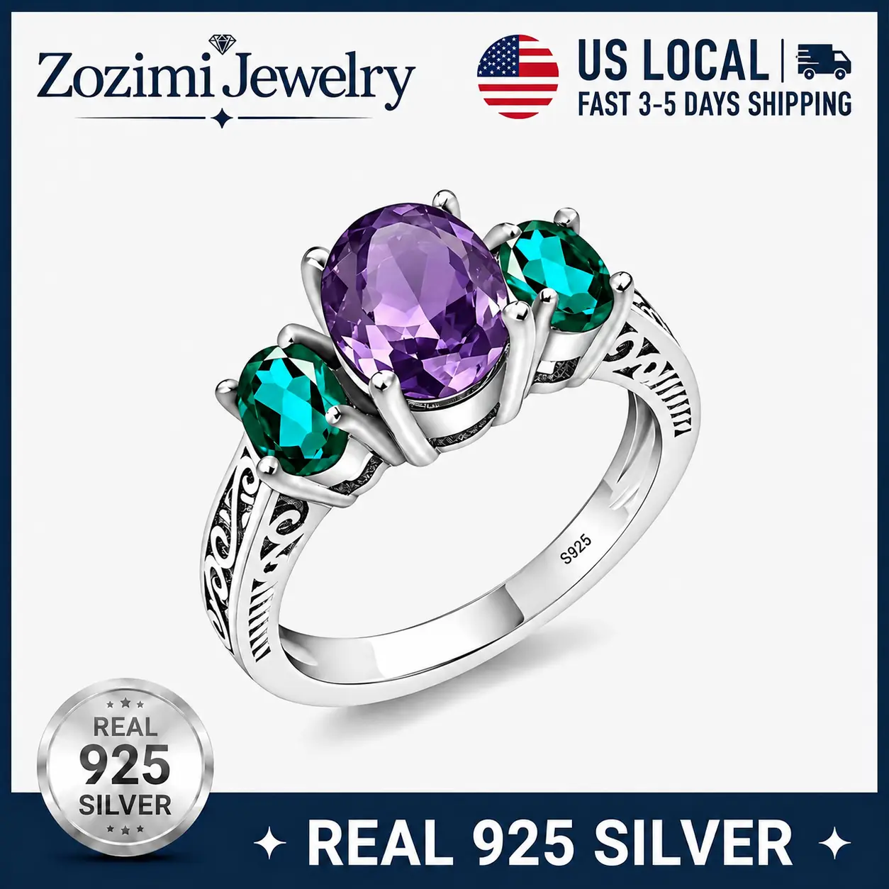 925 Sterling Silver Vintage Filigree 3-Stone Ring - Oval Purple Amethyst Center Stone, Side Emerald Green Cubic Zirconia, Antique Carved Band - Gothic Cocktail Promise Jewelry Gift for Birthday Anniversary