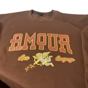 Amour Love Language Sweatshirt - Brown Color with Gold and Pink Embroidery, Featuring "Amour" and "Tango" Text Design, 50/50 Blend Stylish Soft Casual Pullover