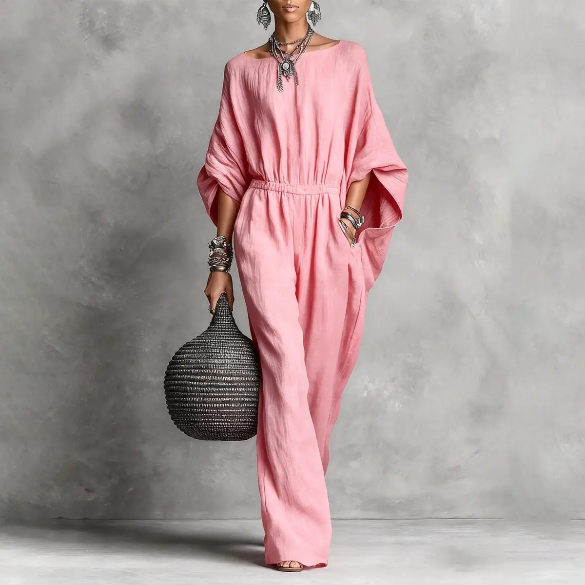 Women's Chic Minimalist Batwing Short-Sleeve Jumpsuit - Elastic Waist, Loose Wide-Leg Linen Overalls with Top & Trouser for Beach Vacation, Casual Daily Wear