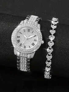 2 pieces/set Women's Watch Set - Luxury Water Diamond Quartz Watch, Roman Fashion Steel Strap Wristwatch, High End Stylish Watch, suitable for daily outings and parties