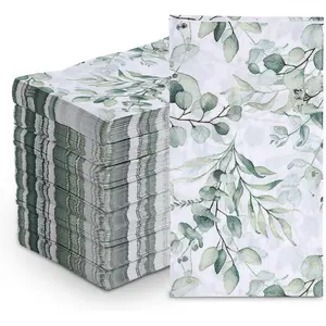100Pcs Disposable Greenery Guest Napkins Paper Disposable Hand Towels Green Leaves Decorative Paper Dinner Hand Napkin for Bathroom Baby Shower Party Supplies Table Decor