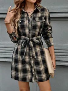 Women's Plaid Print Button Down Front Shirt Dress, Casual Long Sleeve Collared Dress for Fall & Winter, Women's Clothes for Daily Wear, Womenswear