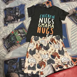 2Pcs Baby Boy Summer Outfits Free Range Chicken Print Short Sleeve T-Shirt Shorts Set Toddler Boy Farm Clothes