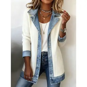 Denim Knitted Patchwork Mid-Length Coat Women, Autumn Turn-Down Collar Long Sleeve Loose Fit, Casual Street Fashion Versatile Top