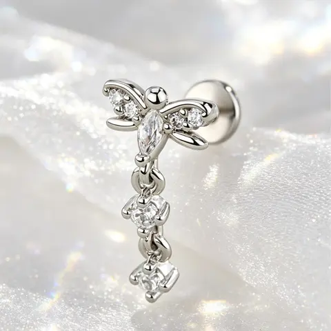 Oufer 16G 316L Stainless Steel Flatback Piercing Earrings Studs - Dragonfly CZ Dangle Top, 8mm Length, Body Jewellery for Conch, Helix Cartilage, Forward Helix Piercings, Adult Female Accessories