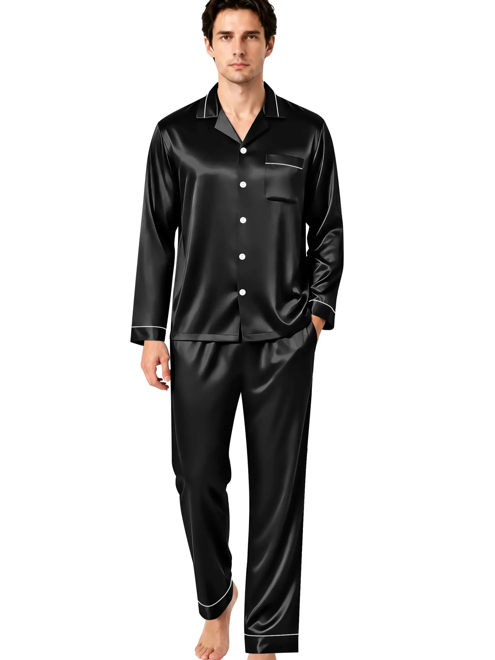 SWOMOG Men's 2-Piece Silk Satin Pajamas Set, Menswear Long-Sleeve Notch Collar Button-Down Top & Elastic Long Pants with Pockets, Silky Soft Day Sleepwear Loungewear for Home Lounging & Gifting,sohochic