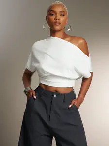 Women's Trendy Waist Cinching Off-Shoulder Top, Fashion Daily Wear Shirt, Stylish Casual Minimalist T-Shirt, Perfect for Everyday Use, Womenswear