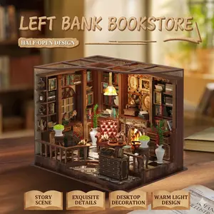 Left Bank Study Book Nook Kit - 3D Wooden Miniature Bookshelf Insert with LED Light, Decorative Home Ornament, Vintage Home Desk Decor & Aesthetic Ornament