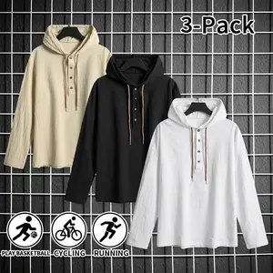 Men’s 3-Pack Hooded Sun Protection Shirts – Cotton, Breathable, Lightweight Henley Tops for Everyday and Outdoor Use