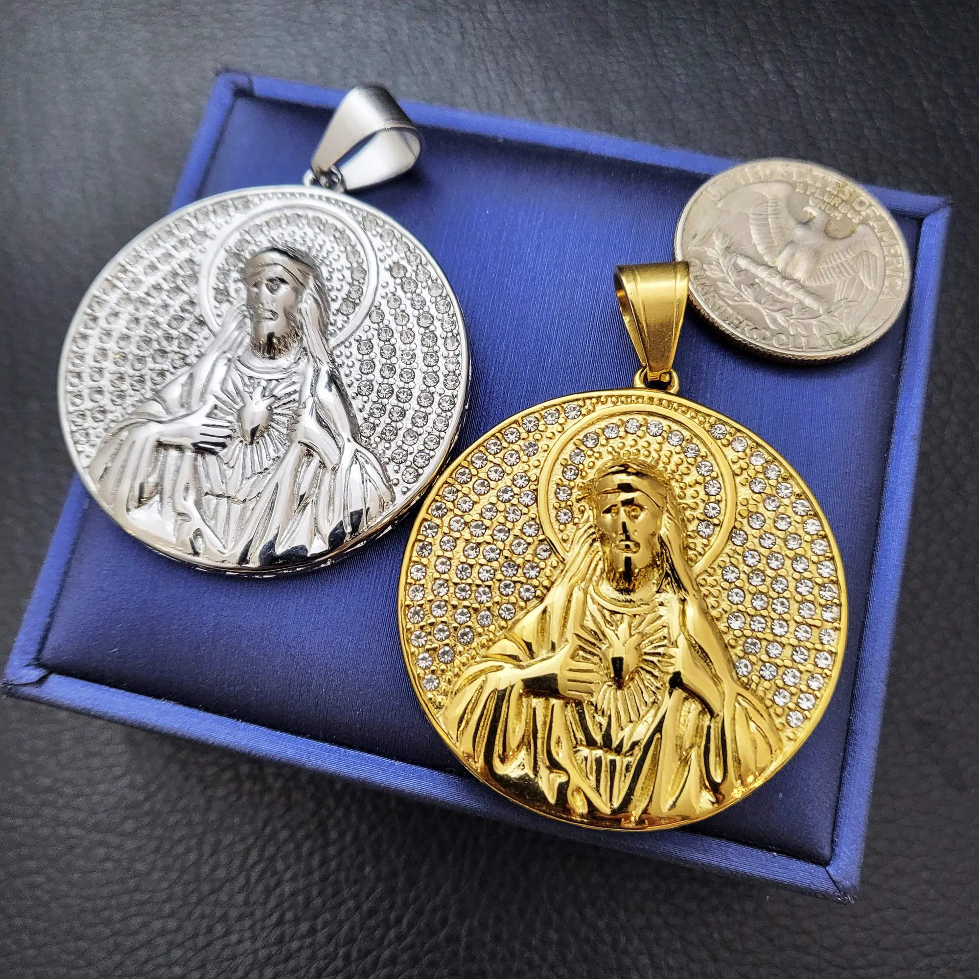 MaxBling81 Iced Out Religious Pendant - 40mm Unisex Stainless Steel Hip-Hop Charm with Graphic CZ Jesus Portrait, Religious Jewelry, Round, Metal Coating, Rhinestones, Zircon, Up to 8mm Chains, Casual Daily Wear, Hip-Hop Charms & Pendants