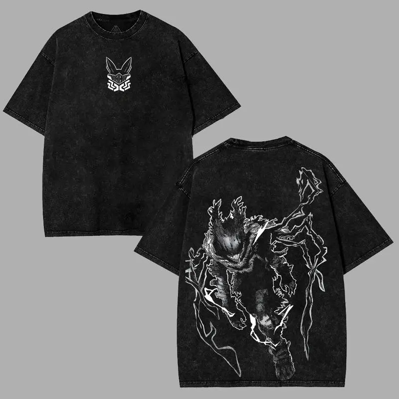 Men's Distressed Anime Graphic Top, Vintage 90s Short-Sleeve Round Neck, 2-Sided Casual Streetwear Festive Merch, Fitted, Figure