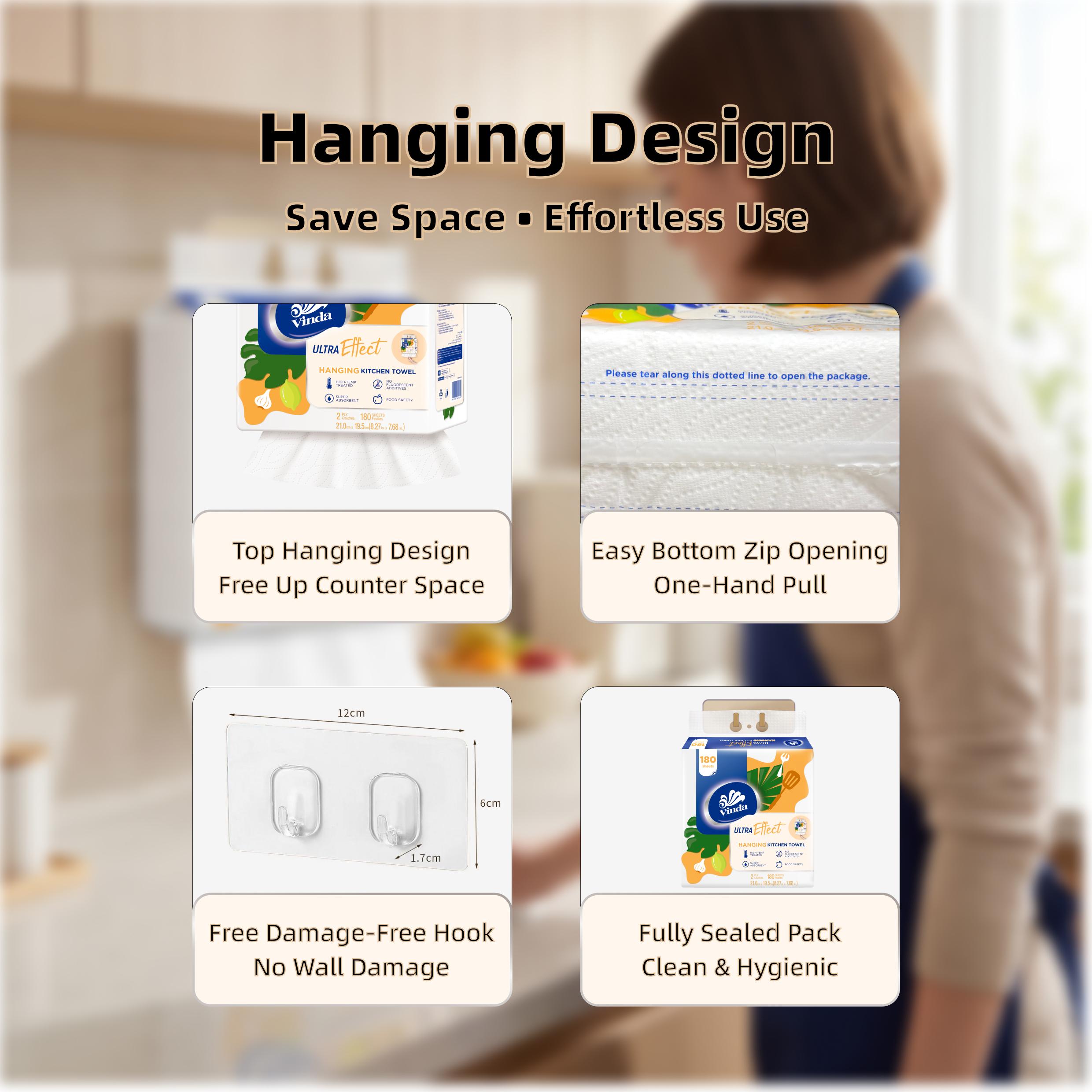 Vinda Hanging Kitchen Paper Towels with free hook -Quick Grab, Fully Protected, Saves Space| Ultra Water& Heavy Oil Absorbent Wipes, Washable & Extra Strong When Wet  2-Ply, 180Sheets/bag,  100% Virgin Pulp, Food Safe - TikTok Must-Have for Kitchens