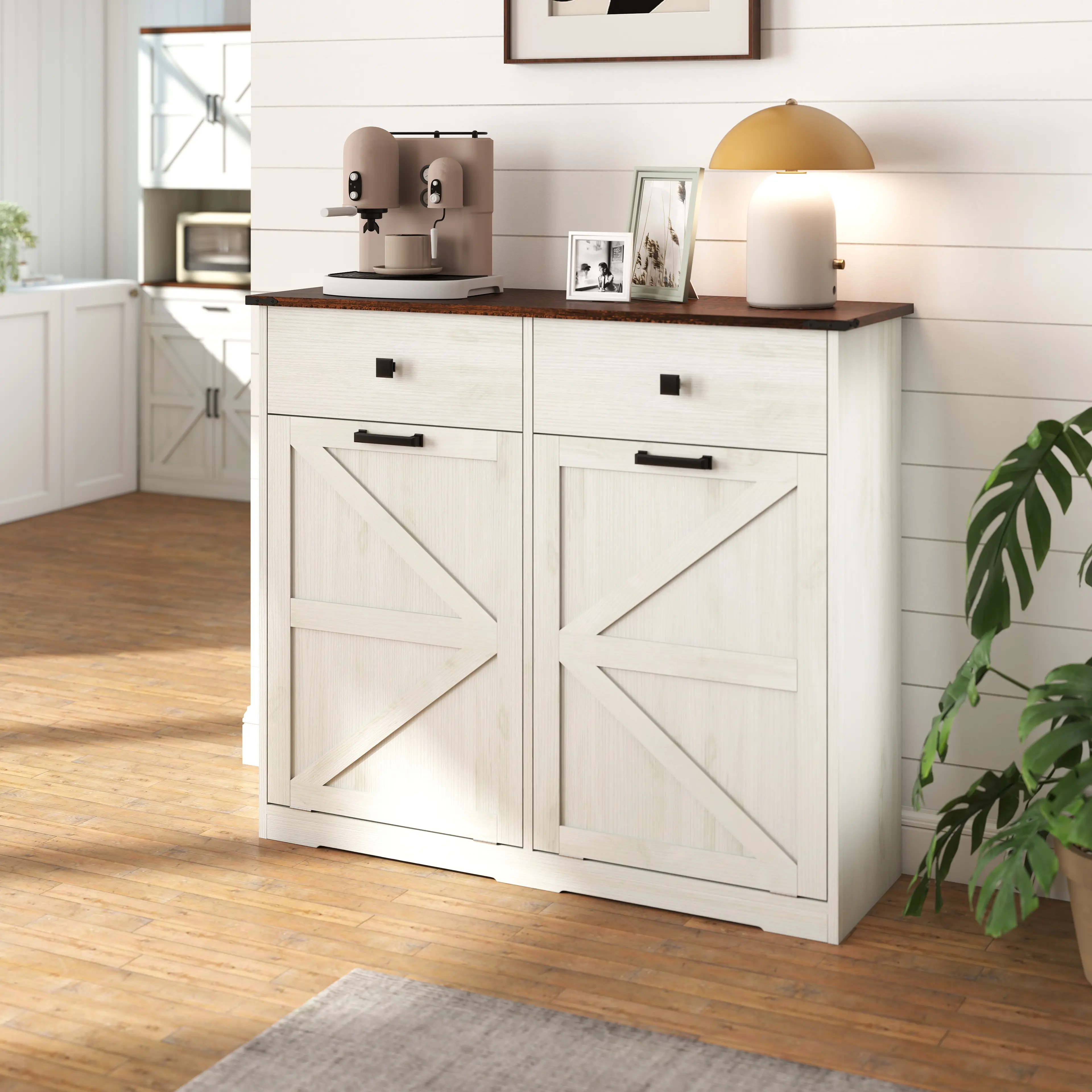 Farmhouse Double Tilt Out Trash Cabinet for 2 x 10 Gallon Bins, Hidden Garbage Can Storage Cabinet with Barn Door, Drawer & Countertop for Kitchen