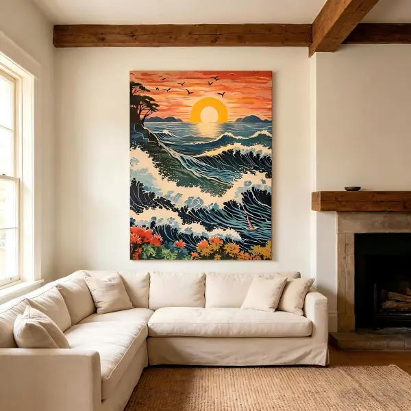 Framed Canvas Wall Art, Japanese Ukiyo-e Great Wave Off Kanagawa Sunset Seascape Painting, Vintage Woodblock Print Hokusai Wave Art, Ready To Hang Coastal Boho Home Decor For Living Room Bedroom Wall Decoration, Ocean Sunset Landscape Canvas Artwork