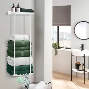 Wall-Mounted Towel Holder, Retractable Height Metal Towel Rack with Reliable Hooks for Rolled Towel Storage and Bathroom Wall Mounting - Large-Capacity, Rust-Proof, Durable Shower Organizer