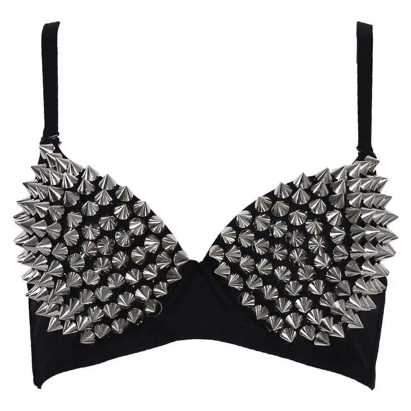 Silver Rivets Punk Rave Bralette Lingerie Gothic Bra Top Sexy Push Up Brassiere Nightclub Party Bar Fashion Hot Bras for Women