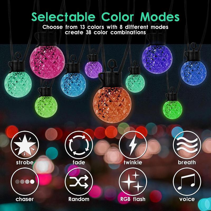 Solar LED String Lights, 25 RGB Color Changing Bulbs, Bluetooth App Control, IP65 Waterproof, 8 Scene & 4 Music Modes, 15ft Globe Lights for Patio, Backyard, and Party Decor