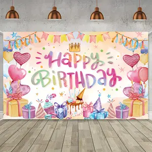 Birthday-Themed Party Decorations Cartoon Watercolor Effect Happy Birthday Backdrop Party Banner Photo Booth Supplies with Balloons and Gifts for Festive Celebrations