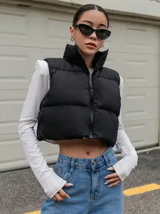 Short Stand Collar Puffer Down Vest Zipper, Gentle Casual Style, Perfect for Daily, Light Commuting, Casual Dates, Show Texture