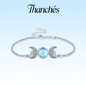 Thanches 925 Sterling Silver Hecate Witch Bracelet Triple Moon Goddess Moonstone Evil Eye Bracelet Celtic Knot Powerful Amulet Trendy Daily Decor Accessory Jewelry Gift for Mother's day