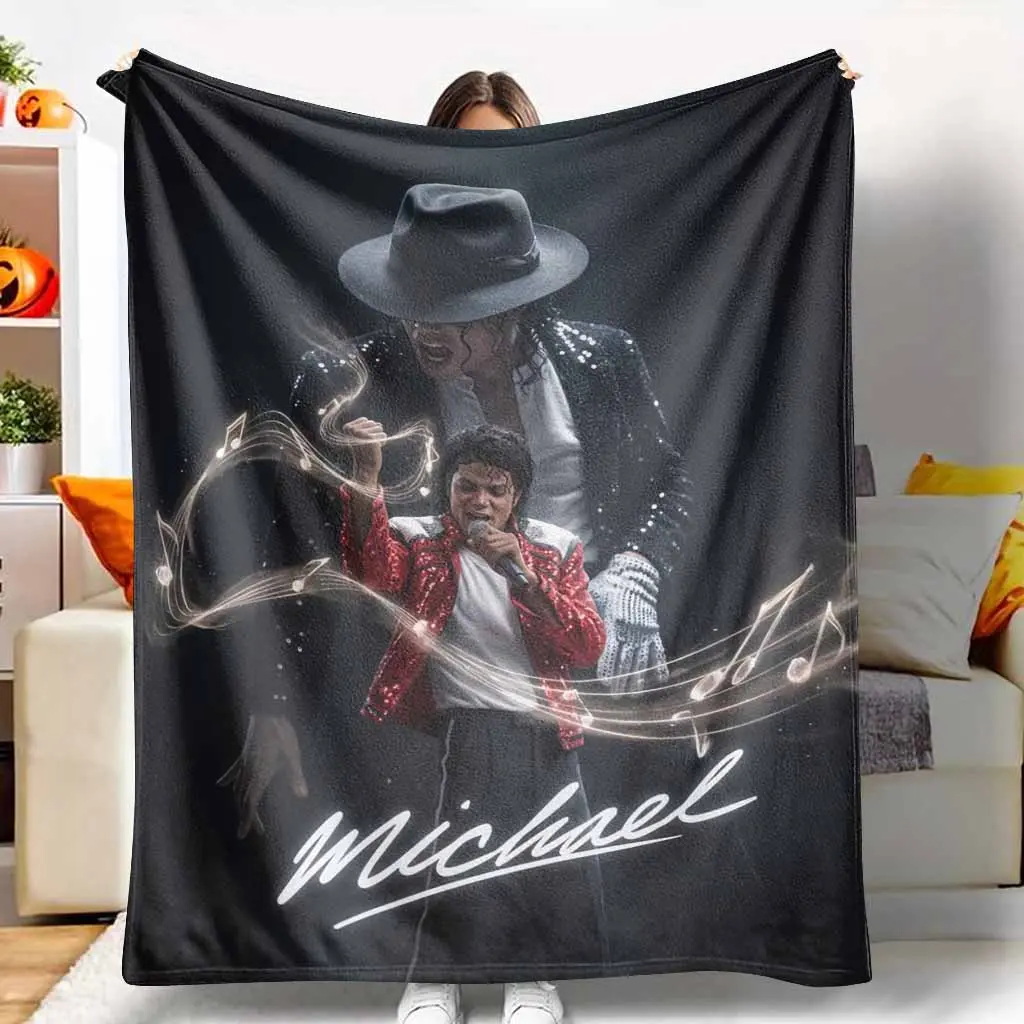 Pop Music Legend Flannel Blanket Moonwalk Singer Print with Fedora Notes and Stage Lights Soft Warm Lightweight Throw for Sofa Bedroom Concert Party Music Fan Gift