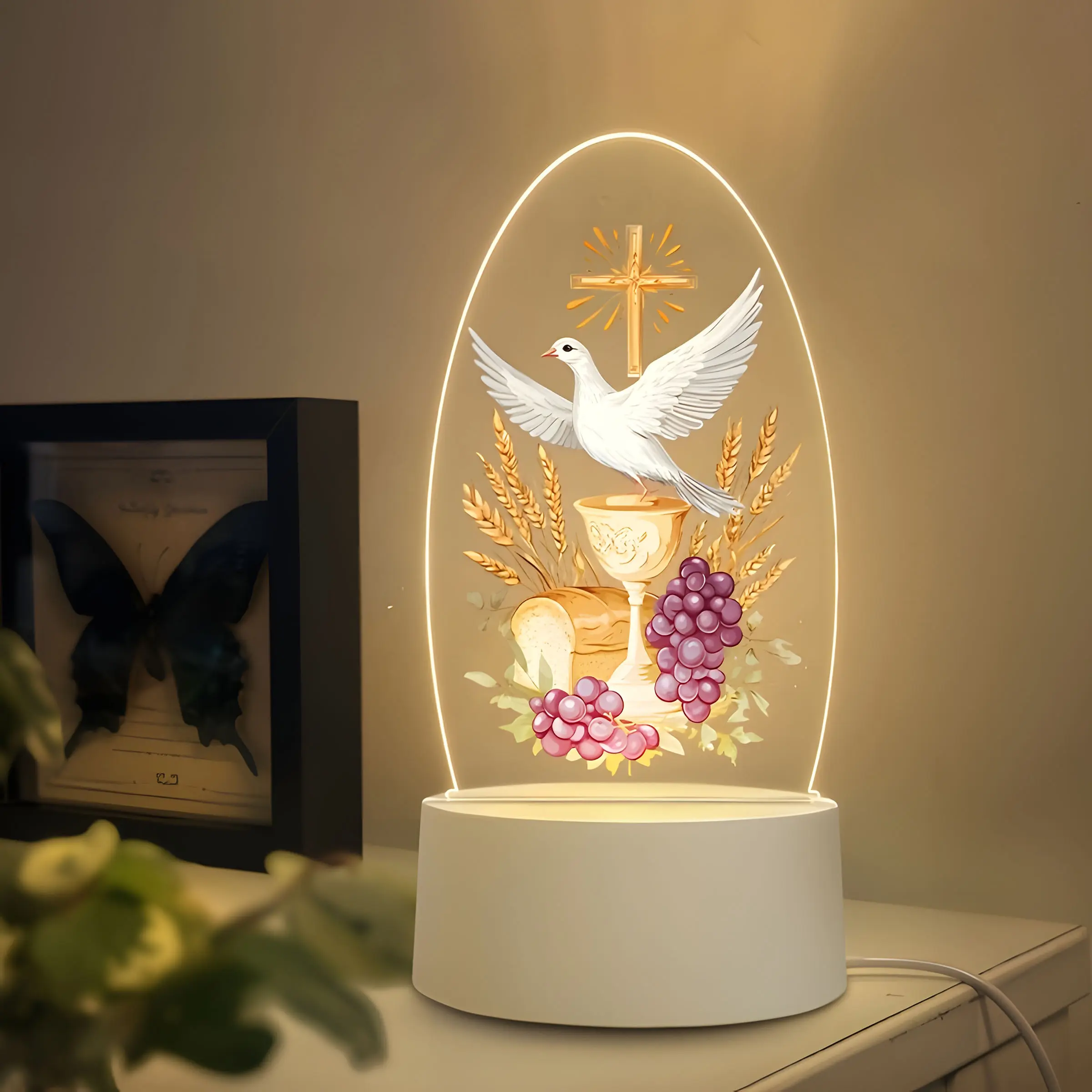 Christian USB Night Light with Dove Cup Wheat Grape Design, Warm Glow Faith Decoration, Prayer Learning Home Decor Lighting, Nightlight for Bedroom, Night Lamp, Perfect Gift for Christians, Usb Powered Lamp, Illuminated Night Light