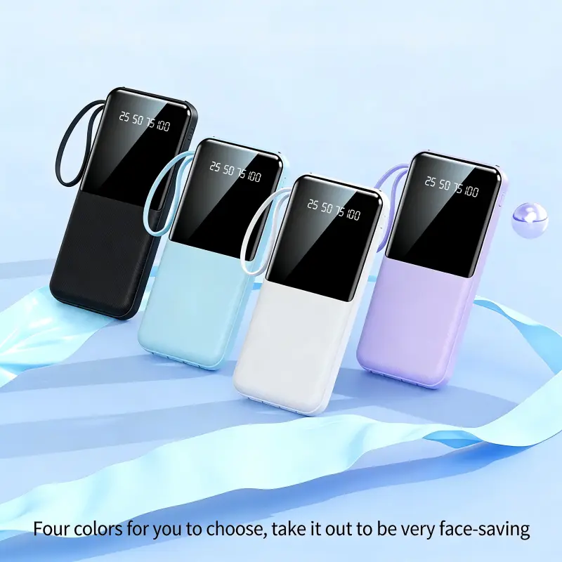 10000mAh Portable Charger Power Bank - Mobile Handy Charging Device with Built-in Cables, Plug, USB-C LED Display, Lanyard, 5 Outputs, 2 Inputs, Micro USB Support, Slim Compact External Battery for iPhone, Android, Tablets (Black), Protection, Digital