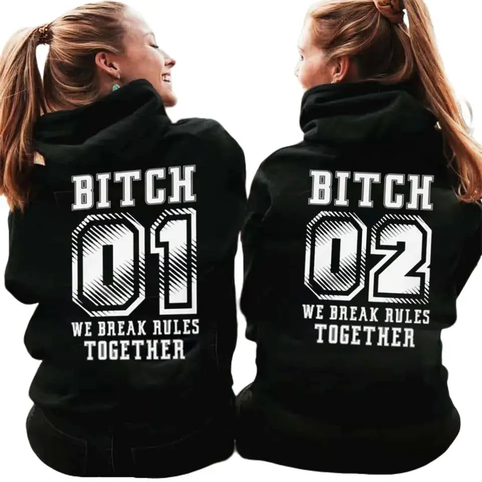 Women's Graphic Hoodie, 'We Break Rules Together' Best Friend Couples Matching Pullover in Black Cotton Blend, Pull On with Pouch Pocket - Do Not Dry Clean, Yarn, Fabric