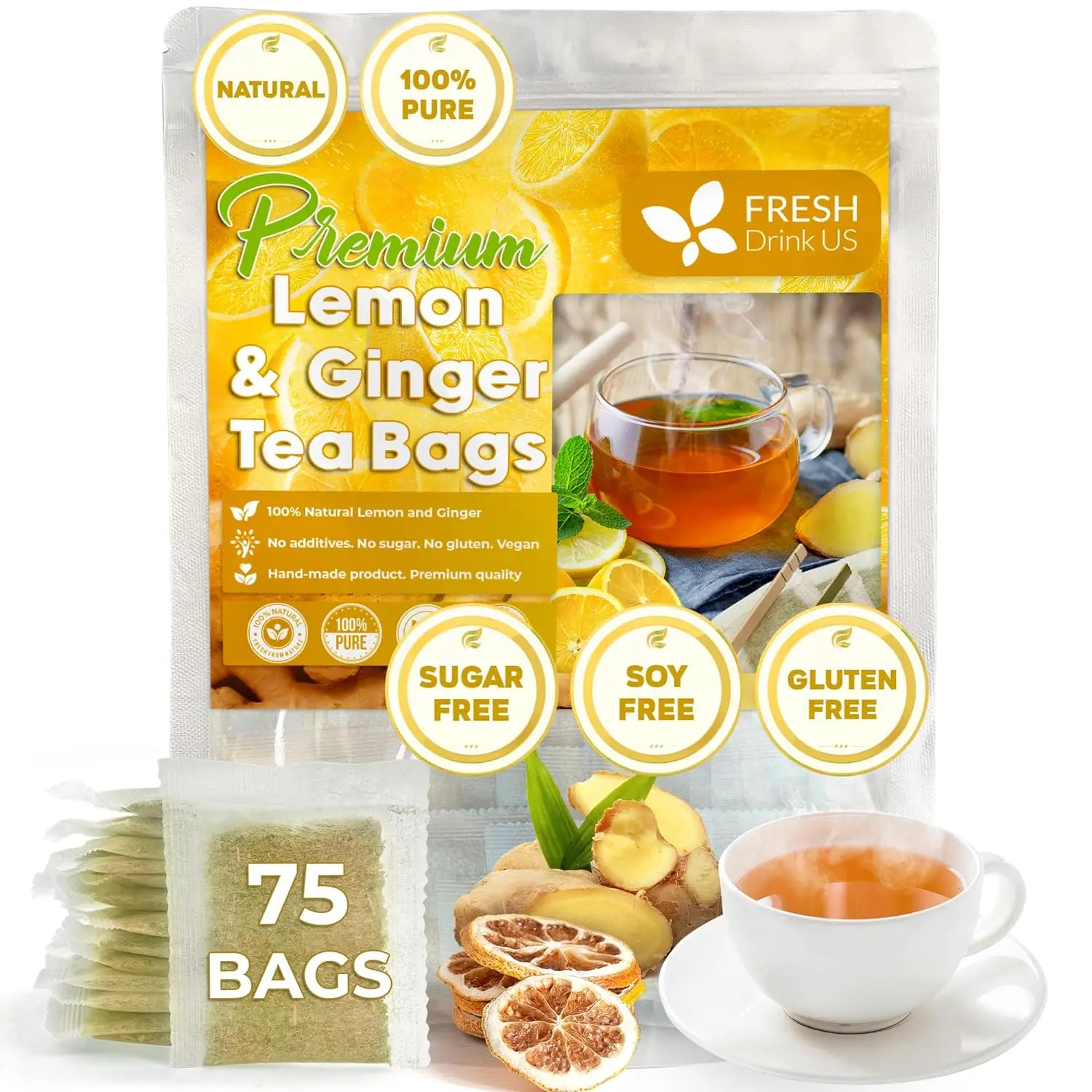 Premium 75 Lemon Ginger Tea Bags, 100% Natural Ingredients, Hand-made Blend of Lemon and Ginger Flowers, Eco-conscious Tea Bags. Lemon Ginger Herbal T