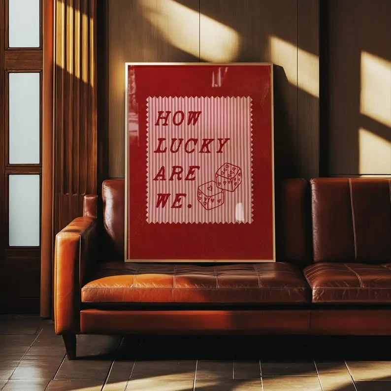 [UNFRAMED POSTER] How Lucky Are We Print: Retro Red Pink Wall Art, Valentines Day Poster, Dice Love Print, Vintage-Inspired Home Decor, Lucky In Love Artwork