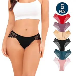 SeamlessLace Women's Sexy Panties - 6 PCS Assorted Colors Basic Minimalist Pattern Comfortable Cotton Spandex Bikini Briefs T-Back Seamless Lace Underwear Set for Everyday Wear thongs underwear women period underwear Womenswear Pieces Cute Elegant