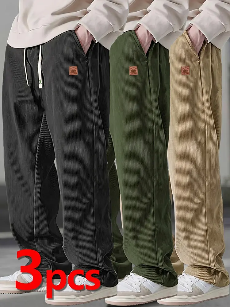 Men's Corduroy Casual Trousers (3pcs-Black + Army Green + Khaki) - Menswear Loose Straight-Leg Pants, Soft, Breathable, Comfortable, Suitable for Hiking/Light Outdoor, Everyday Wear