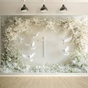 Floral Cross Tapestry Religious Backdrop Dove Blossom Theme Wall Hanging Photography Background for Event Decoration Indoor Outdoor Home Decor Polyester