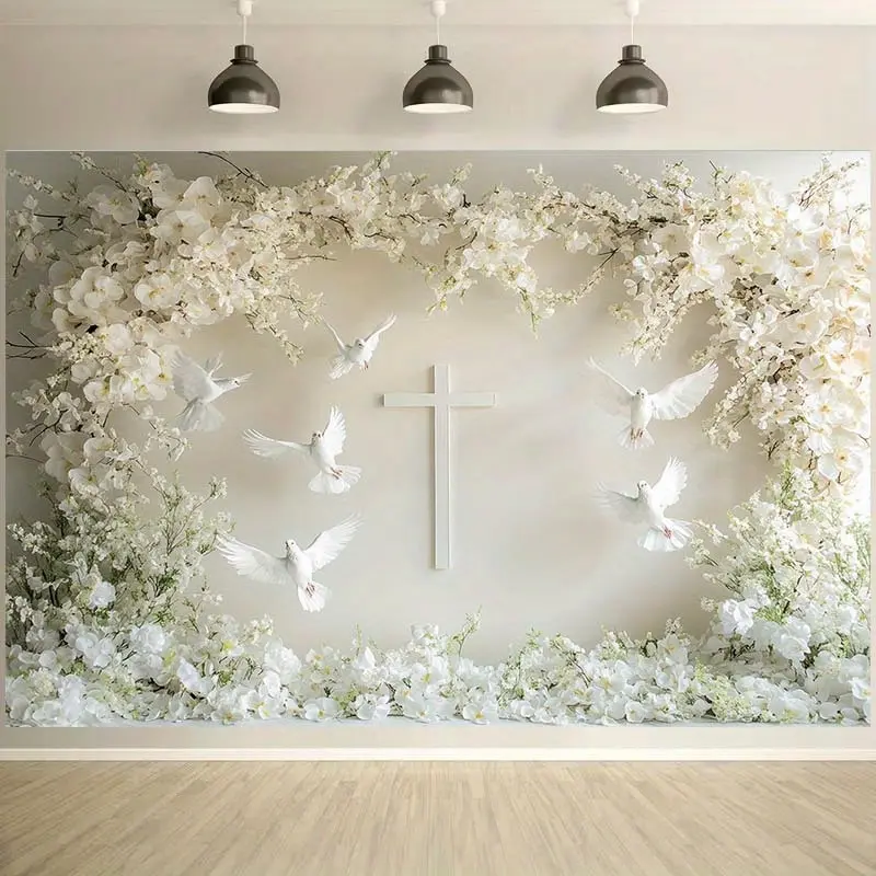Floral Cross Religious Tapestry - Synthetic Polyester Wall Hanging with Dove & Blossom Design, Smooth Lightweight, Hand Washable Home Decor Backdrop for Wedding, Engagement, Indoor Use