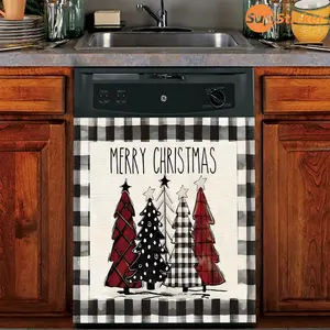 2pcs Plaid Merry Christmas Magnetic Dishwasher Stickers, Festive Home Decor, Refrigerator Decals, Creative Appliance Decoration