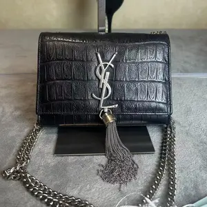 Pre-owned Yves Saint Laurent leather Crossbody Bags Saint Laurent Small Kate Black Croc Embossed Crossbody Bag Silver Hardware With Tassel YAO