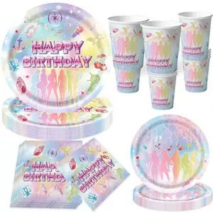 This Katseye party music 51-piece disposable tableware set includes 10 dinner plates, 10 dessert plates, 10 paper cups, 20 napkins, and one tablecloth. This convenient tableware set is perfect for camping, picnics, garden barbecues, weddings, and birthday