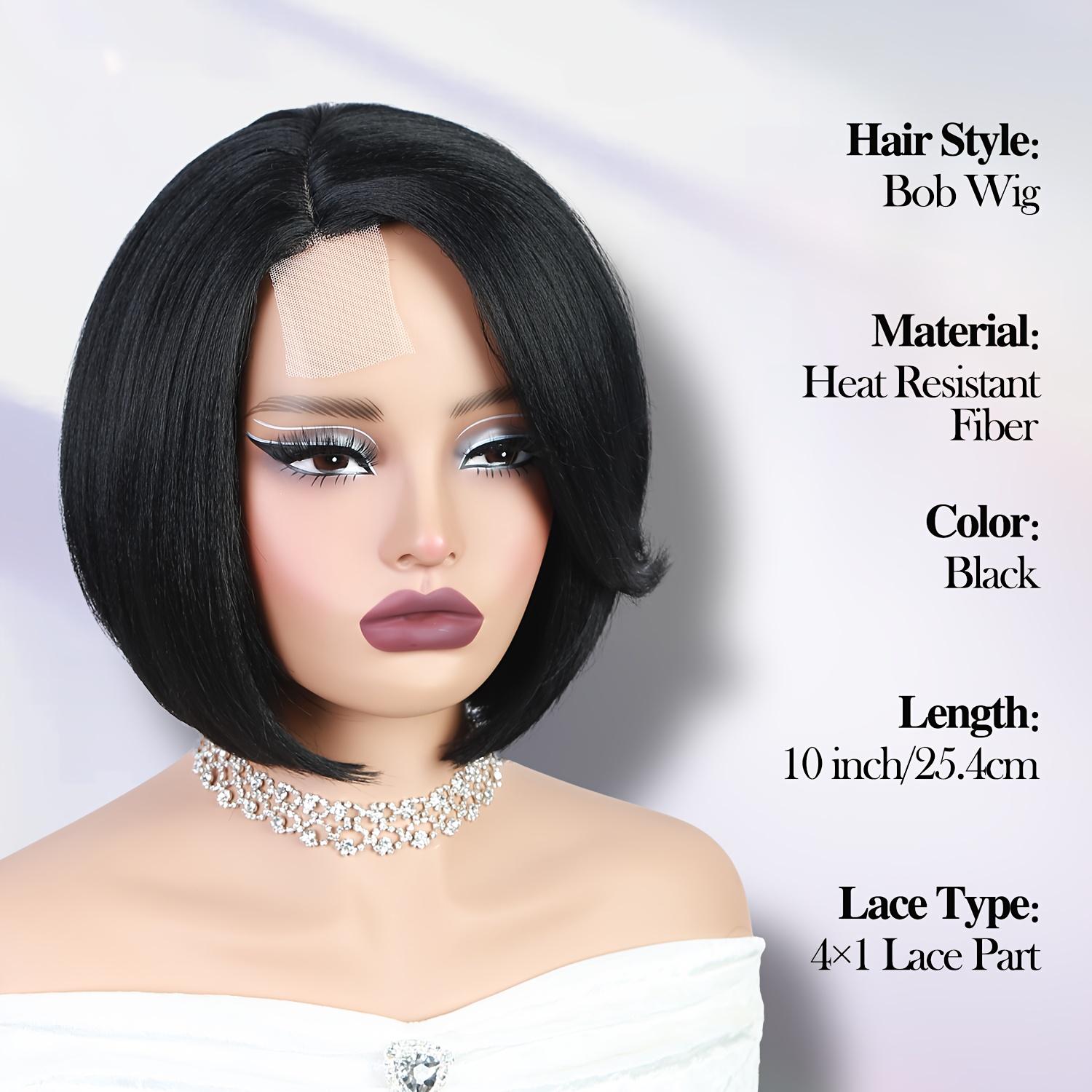Synthetic Short Bob Wig with a 4X1 Lace Side Part, Designed for Women. This Straight Black Wig Is Heat Resistant And Suitable for Everyday Wear, Parties, Or Cosplay