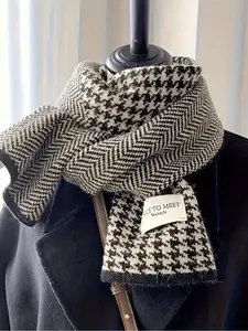 Women's Classic Checkered Scarf, Elegant Plaid Print Thick Warm Knitted Wrap, Fashion Winter Sweater Accessory, Suitable for Cold Weather, Knitted Shawl