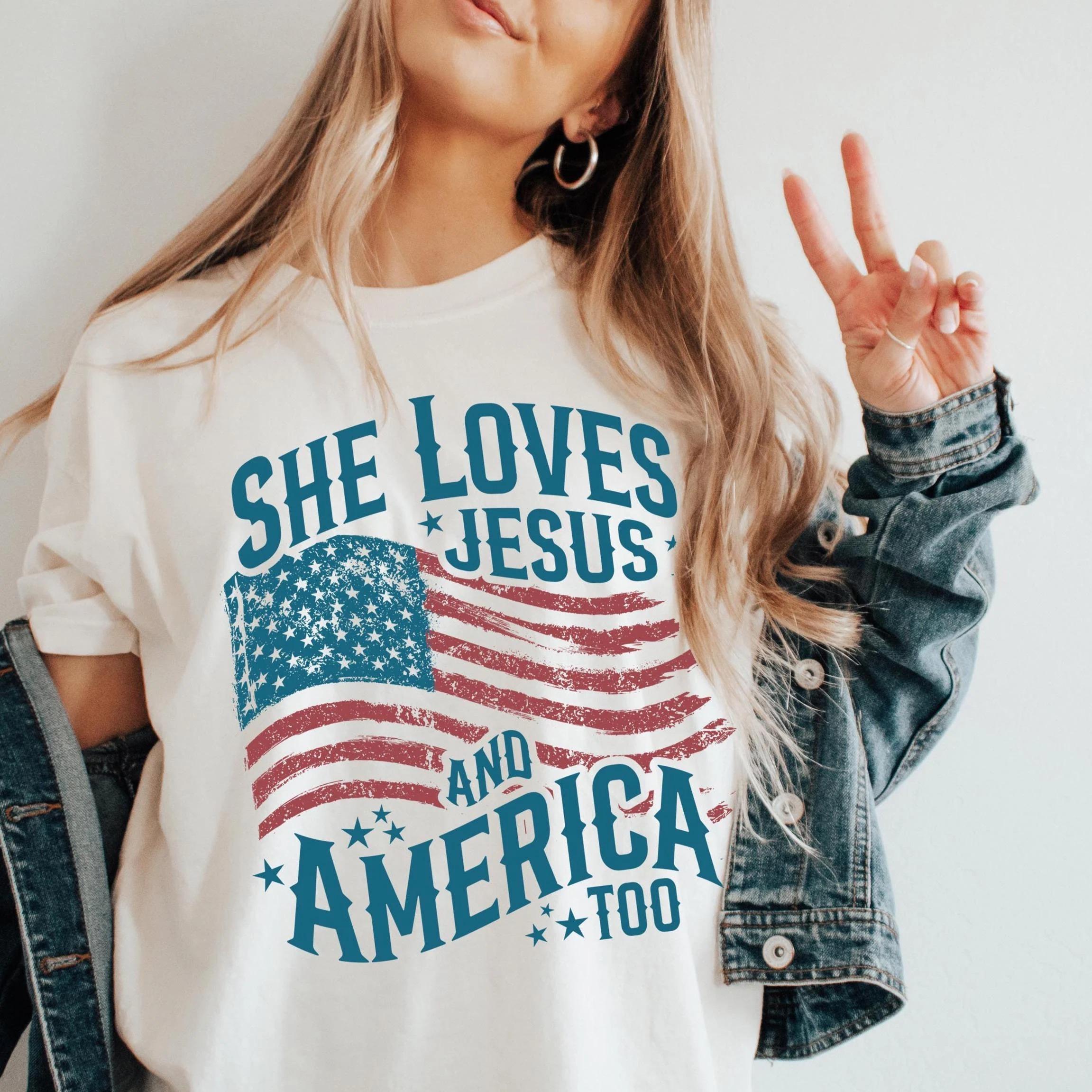 Comfort Colors Independence Day Shirt, Christian Shirt, 4th of July Shirt, She Loves Jesus And America Too Shirt, Retro America Shirt, Bible Womens Shirt