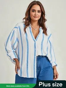 【Plus Size】 Striped Print Shirt, Button Up Blouse, Casual Blouse Shirts, Casual Button Down, Casual Long Sleeve Collared Top for Spring & Fall, Women's Clothes for Daily Wear, Casual Fashion Shirt