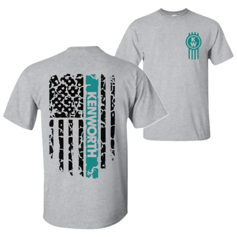 Kenworth Flag T-Shirt, Distressed American Flag with Teal Stripe Design, Kenworth Graphic Work Shirt for Truck Drivers & Diesel Mechanics, Gift for Big Rig Enthusiasts or Haul Operators