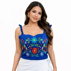 Rosie Crop Top Mexican Floral Embroidered Top for Women Short Length Handmade in Mexico with Elastic Back